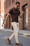 Brown Polo Collar Half Zip Knitwear Men's T-Shirt - 2