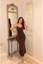 Women's Dress with Rope Straps, Self-Floral Patterned, Degaje Collar, Midi Length, Slit Dress - 3