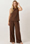 Brown Thick Strap Blouse Elastic Waist Pants Woven Modal Top-Bottom Set 8051 - 3