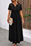 Women's Short Sleeve Lace Button Detailed Long Waffle Dress