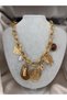 Gold Color Charm Detailed Thick Chain Necklace with Heart and Pearl Figures Statement Necklace for Women
