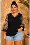 Women's Plus Size V-Neck Lace Detail Sleeve Three Quarter Patterned Chiffon Side Slit Stretchy Viscose Blouse - 4