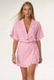 Women's pink jacket collar oversize linen shirt and tie-up shorts skirt set alc-x13941