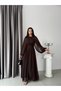 Brown Waist Detailed Tulle Sleeves Lined Long Dress - 2