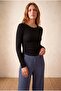 Women's Black Corded 95% Cotton / 5% Elastane Slim Fit Crew Neck Long Sleeve Side Gathered Lace-Up Blouse Angela - 2