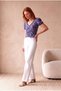 Women's Purple Floral Patterned Wrinkled V-Neck Balloon Sleeve Gathered Front Crop Blouse Ofelia - 3
