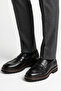 Men's Black Leather Penny Loafer Thick Lug Sole Brown Striped Laceless Shoes - 5