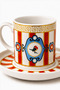 2-Piece Bird Motif Porcelain Turkish Coffee Cup Set with Striped Gold Detail - Red - 2