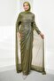 Khaki Cape Evening Dress with Drawstring Front and Stones