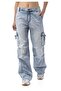 Women's Wide Leg Jeans - Ice Blue Relaxed Fit Pants with Cargo Pockets -Wd544