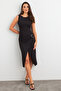 Women's Black Slit Midi Dress with Buckle Accessories Ees003023 - 2
