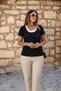 Women's Short Sleeve Round Neck Double Color Viscose Blouse - 2