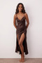 Brown Slit and Button Detailed Strap Satin Woven Nightgown