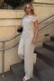 Beige Low Sleeve Off Shoulder Blouse-High Waist Pants Women's Bottom Top Set
