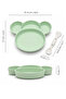 Monkey Figured Feeding Set - 4-Compartment Baby Food Bowl with Spoon and Fork, Green - 5