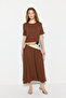 Short Sleeve Knitted Long Cotton Dress - Brown