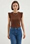 Women's Round Neck Ruffle Sleeve Brown Blouse - 3