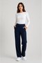Women's Navy Blue High Waist Striped Pocketed Stretchy Wide Leg Palazzo Trousers - 4