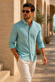 Men's Mint Green Striped Linen Shirt Regular Fit - 2