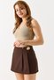 Women's Waist Gold Buckle Detailed Shorts Skirt Brown - 3