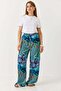 Women's Self-Belted Mixed Pattern Loose Viscose Trousers Blue
