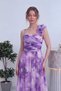 Women's Tie-Dye Patterned One-Shoulder Long Evening Dress with Floral Detail Green, Purple, Blue - 3