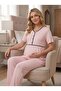Women's Powder Navy Blue Adjustable Elastic Waist 3-Piece Maternity Pajama Set with Dressing Gown - 6