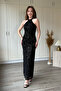 Neck Tie Jacquard Tulle Midi Black Dress - 4