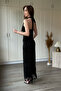 Neck Tie Jacquard Tulle Midi Black Dress - 2