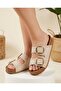 Women's Gold Studded Stone Double Buckle Cork Sole Slippers