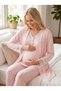 New Season Pink Polka Dot Short Sleeve Buttoned Design Lace Detailed 100% Cotton Maternity Pajama Set 3-Piece Set
