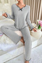 Women's Gray Striped Long Sleeve Bow Detailed Pajama Set Comfortable Transitional - 5