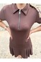 Women's Brown Collared Half-Zippered Pleated Midi Cotton Dress - 6
