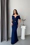 Navy Blue Madonna Collar Belted Evening Dress with Button Detail
