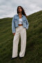 Women's Washed Denim Shirt Jacket Double Pockets Crop Jean Shirt - 2