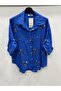 Women's Cobalt Blue Italian Large Size Floral Embroidered Sequin Embroidered Foldable Long Sleeve Shirt 42 - 48 Size