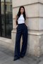 Women's Navy Blue High Waist Wide Leg Palazzo Trousers with Ribbed Front Stitching - 5