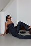 Women's Navy Blue Stoned Jean Strapless Trouser Set - 6