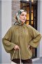 Oversized Tulle Voile Blouse with Tie Collar and Half Buttons - Olive Green - 3