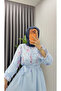 Women's Hijab Blue Lined Floral Printed Dress - 4
