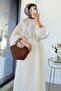 Premium Collar Gathered Balloon Sleeve Voile Dress - Ecru - 3