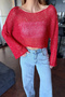 Women's Red Sequin Embroidered Bat Sleeve Casual Crop Blouse - 7