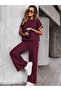 Women's Crew Neck Ribbed Detailed Double Set – Short Sleeve Viscose Two Yarn Blouse and Pants Top-Bottom Set