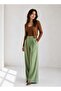 Women's Natural Linen Textured Wide-Leg Trousers with Pockets - 3