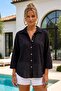 Black Shirt Collar 3/4 Sleeve Buttoned Embroidered Casual Cotton Woven Shirt 70 64 - 4