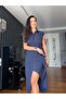 Navy Blue Wrap Belted Tencel Dress - 4