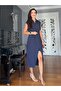 Navy Blue Wrap Belted Tencel Dress - 3
