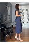 Navy Blue Wrap Belted Tencel Dress - 6