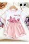 Girl's Simple Joy Printed Pink Ribbed White T-Shirt-Pink Ribbed Shorts Set 100% Cotton - 4
