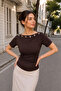 Women's Eyelet Detailed Boat Neck Blouse - 4